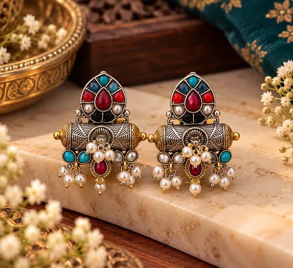 Dhara_Multicolour_Oxidised_Silver_Tribal_Fusion_Necklace_Set_with_Earrings_for_Women