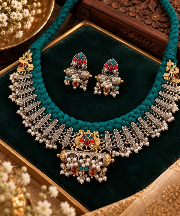 Dhara_Multicolour_Oxidised_Silver_Tribal_Fusion_Necklace_Set_with_Earrings_for_Women