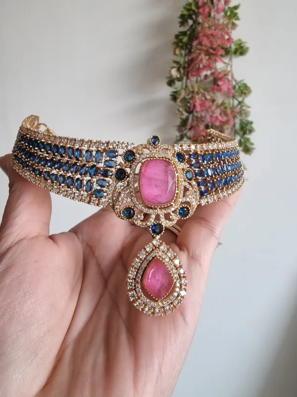 KAVERI_PINK_BLUE_DOUBLET_NECKLACE_WITH_EARRINGS_FOR_WOMEN