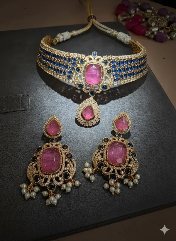 KAVERI_PINK_BLUE_DOUBLET_NECKLACE_WITH_EARRINGS_FOR_WOMEN