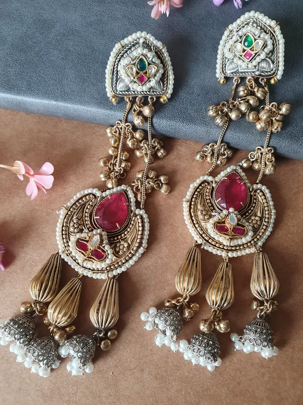LADLI_RED__DOUBLET_LONG_KASHMIRI_EARRINGS_FOR_WOMEN