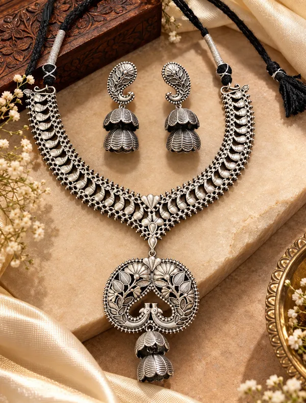 MEENAKSHI_ANTIQUE_SILVER_STATEMENT_NECKLACE_WITH_EARRINGS