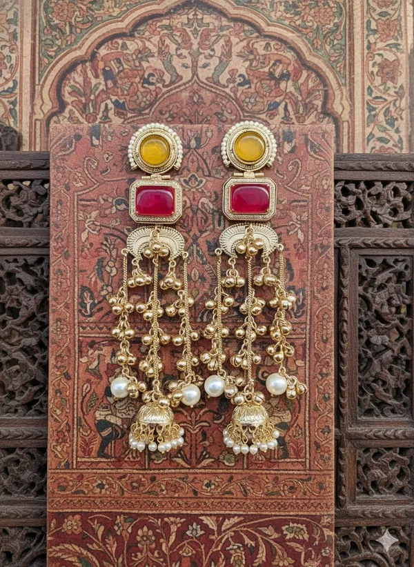 NAZAKAT_LONG_YELLOW,RUBY_KASHMIRI_GHOONGROO_EARRING__FOR_WOMEN
