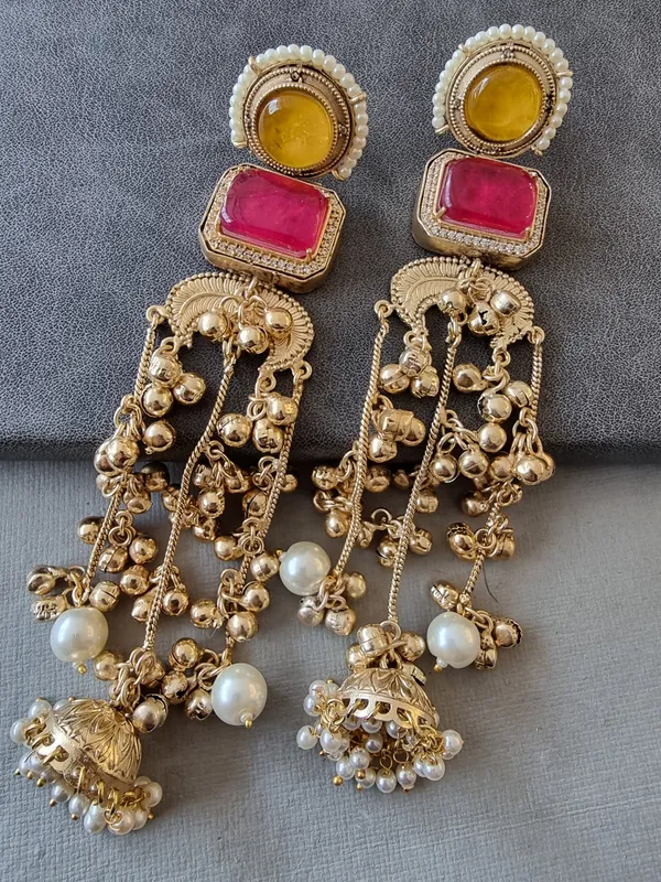 NAZAKAT_LONG_YELLOW,RUBY_KASHMIRI_GHOONGROO_EARRING__FOR_WOMEN