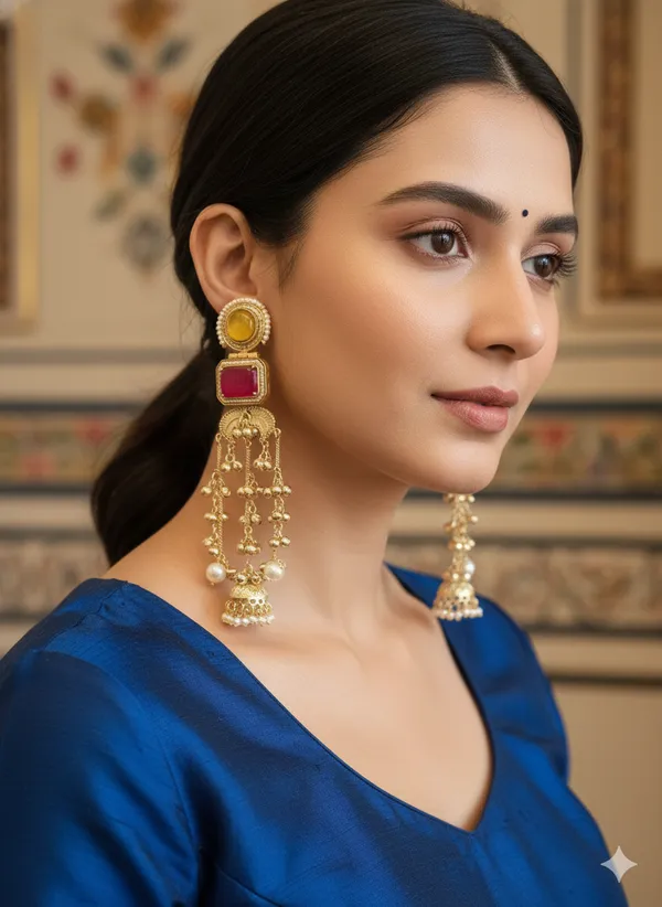 NAZAKAT_LONG_YELLOW,RUBY_KASHMIRI_GHOONGROO_EARRING__FOR_WOMEN