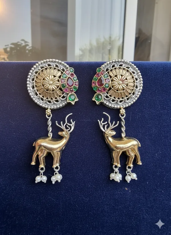 GOLDEN_HANGING_DEER_RED_GREEN_LONG_EARRINGS_FOR_WOMEN