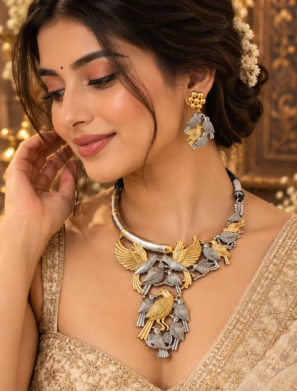 PAKSHI_DUALTONE_BIRD_MOTIF_NECKLACE_SET_WITH_EARRINGS_FOR_WOMEN