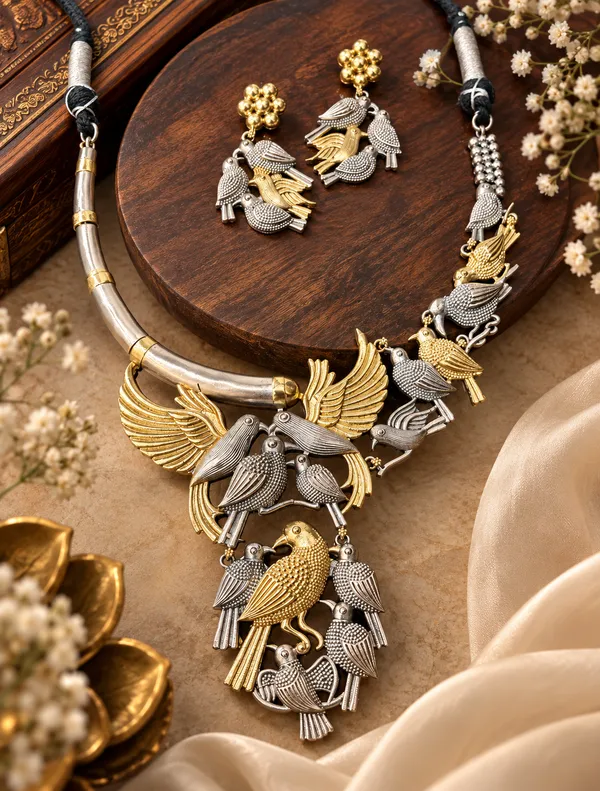 PAKSHI_DUALTONE_BIRD_MOTIF_NECKLACE_SET_WITH_EARRINGS_FOR_WOMEN