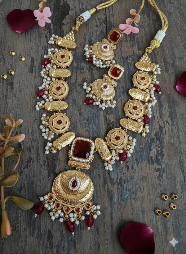 POORVI_LONG_GOLD_PLATED_RED_SAMIPRESIOUS_STONE__NECKLACE_SET_FOR_WOMEN