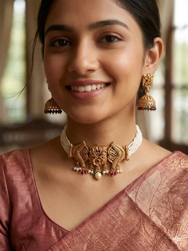 SAVITRI_ANTIQUE_GOLD_PLATED_CHOKER_WITH_EARRINGS