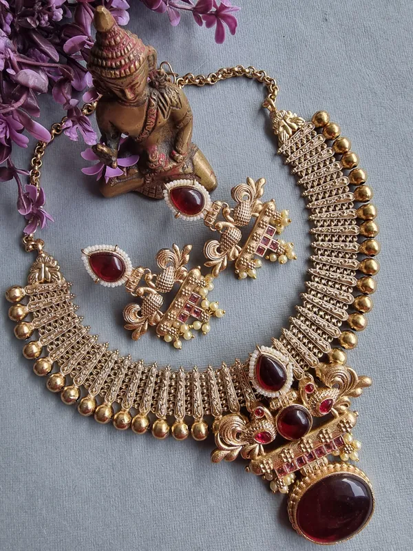 RAMYA_24_CARAT_GOLD_PLATED_RED_NECKLACE_SET_WITH_EARRINGS