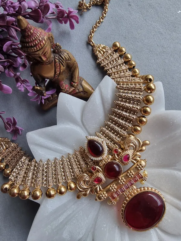 RAMYA_24_CARAT_GOLD_PLATED_RED_NECKLACE_SET_WITH_EARRINGS