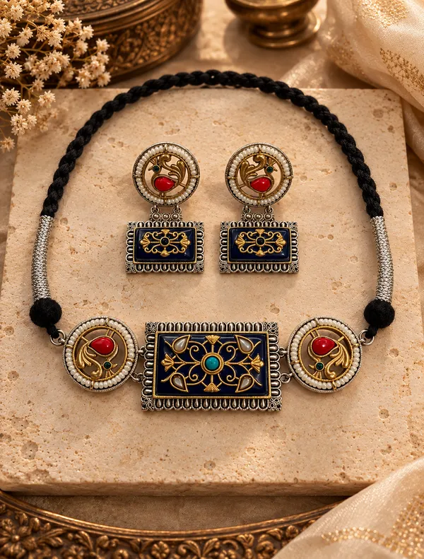 TAMRITA_ROYAL_BLUE_MEENAKARI_STATEMENT_CHOKER_SET_WITH_EARRINGS