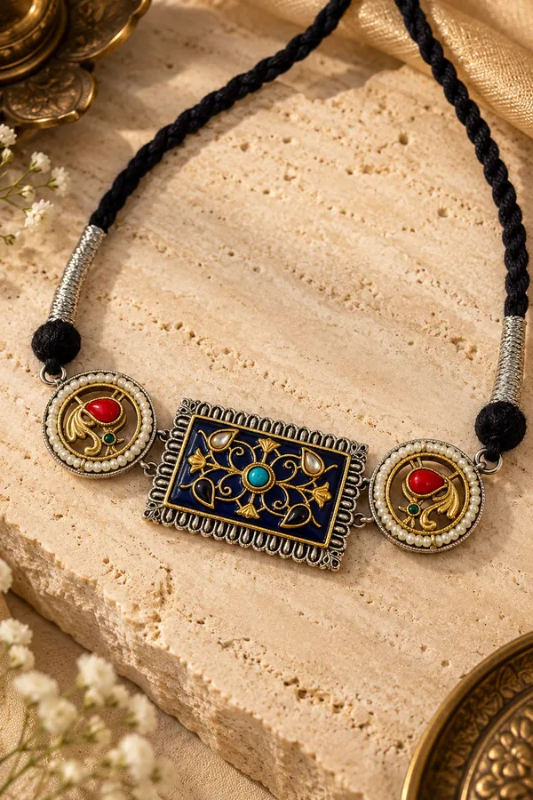 TAMRITA_ROYAL_BLUE_MEENAKARI_STATEMENT_CHOKER_SET_WITH_EARRINGS