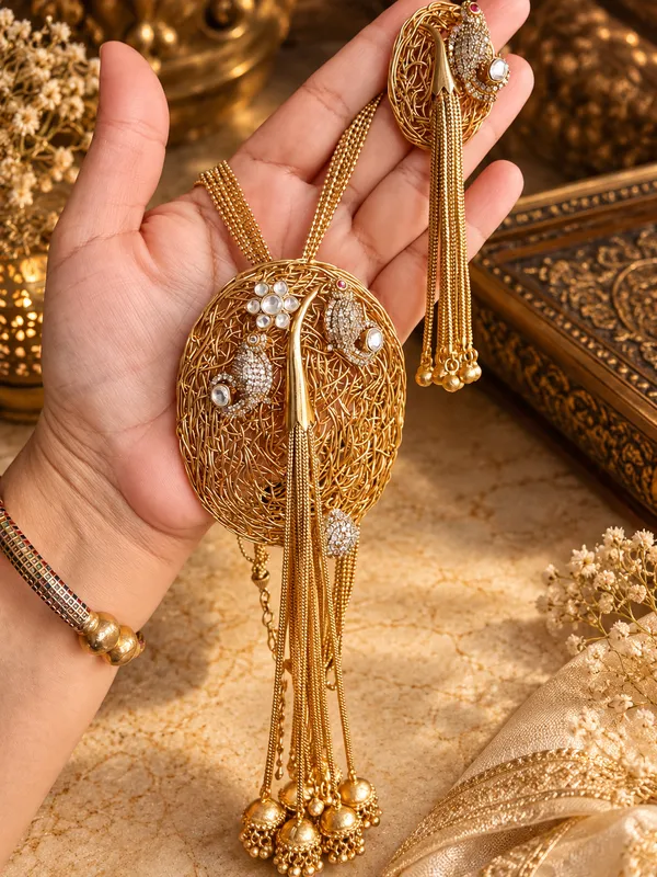TARANGINI_GOLD-TONE_FILIGREE_MOISSANITE_PREMIUM_LONG_PENDENT_SET_WITH_TASSEL_EARRINGS