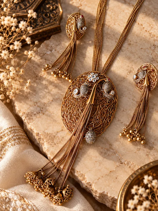 TARANGINI_GOLD-TONE_FILIGREE_MOISSANITE_PREMIUM_LONG_PENDENT_SET_WITH_TASSEL_EARRINGS