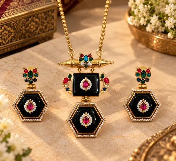 VARNIKA_Black_Hexagon_Pendant_Statement_Necklace_Set_with_Earrings