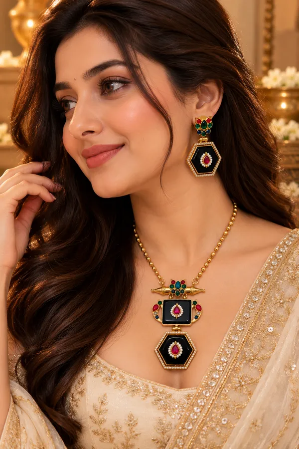 VARNIKA_Black_Hexagon_Pendant_Statement_Necklace_Set_with_Earrings
