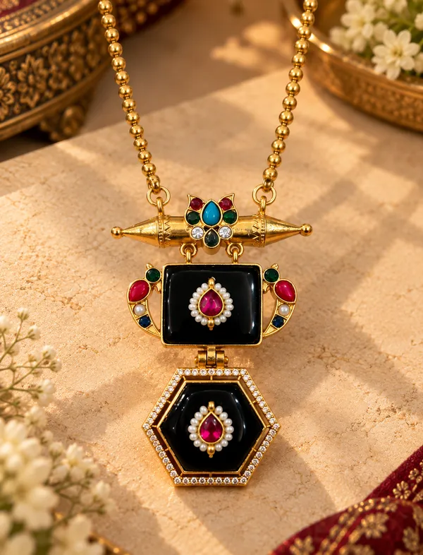 VARNIKA_Black_Hexagon_Pendant_Statement_Necklace_Set_with_Earrings