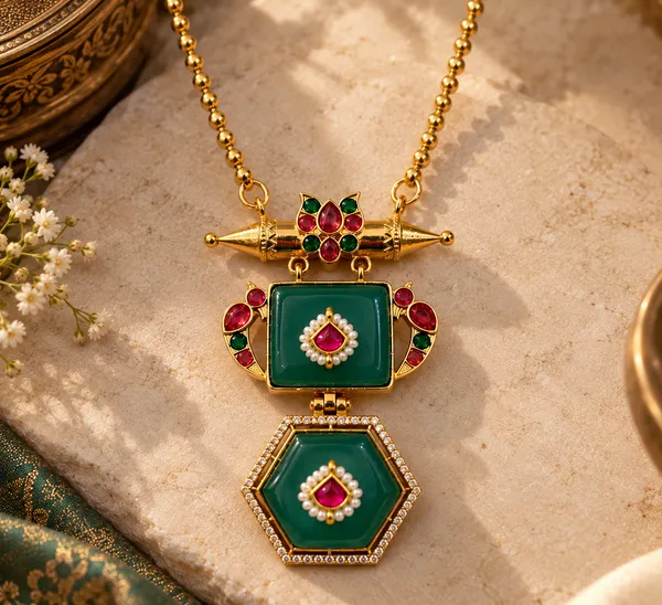VARNIKA_Green_Hexagon_Pendant_Statement_Necklace_Set_with_Earrings