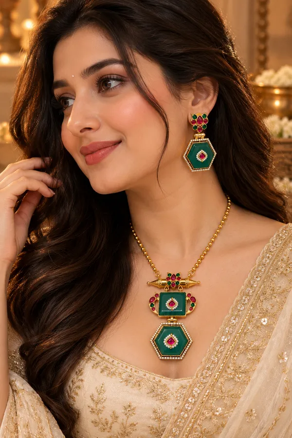 VARNIKA_Green_Hexagon_Pendant_Statement_Necklace_Set_with_Earrings