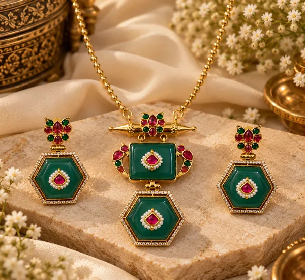 VARNIKA_Green_Hexagon_Pendant_Statement_Necklace_Set_with_Earrings