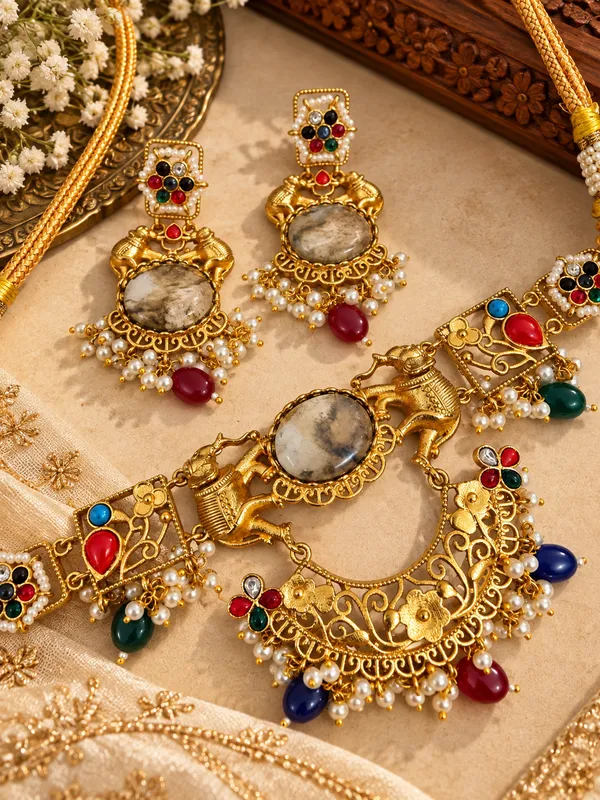 SAAJ_GOLDPLATED_NAVRATAN_CHOKER_SET_FOR_WOMEN
