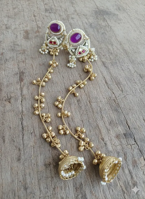 PAHELI_LONG_GHOONGROO_PURPLE_DOUBLET_KASHMIRI_EARRINGS