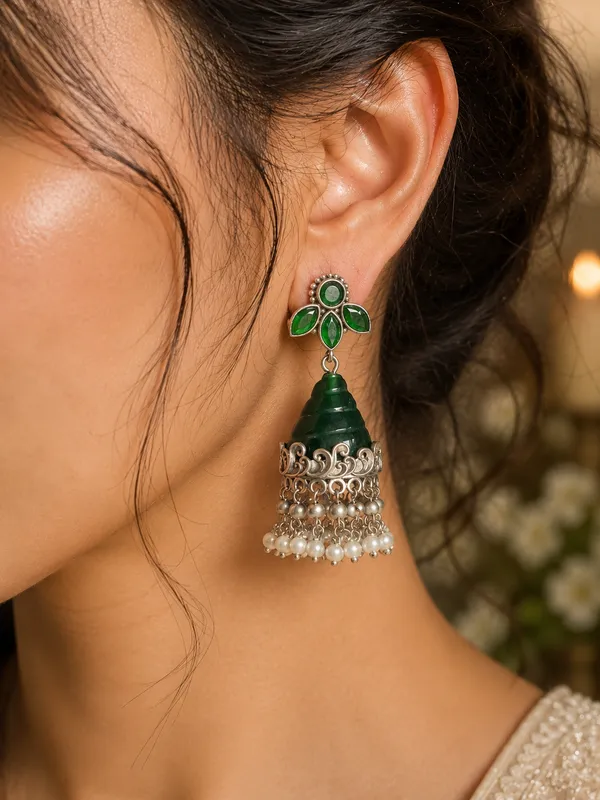 RUPALI__GREEN_ONYX_SILVER_PLATED__JHUMKA_EARRINGS_FOR_WOMEN