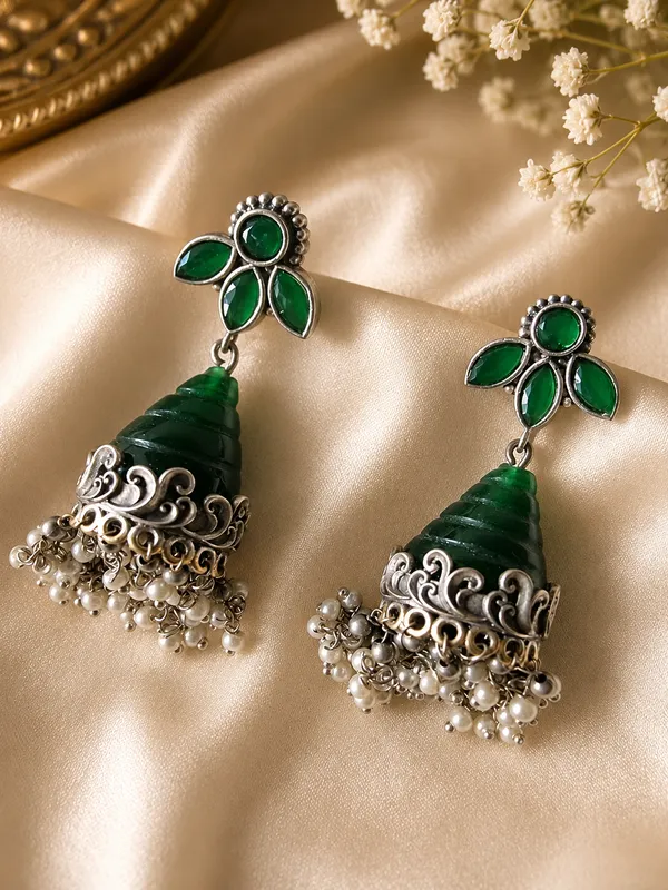 RUPALI__GREEN_ONYX_SILVER_PLATED__JHUMKA_EARRINGS_FOR_WOMEN