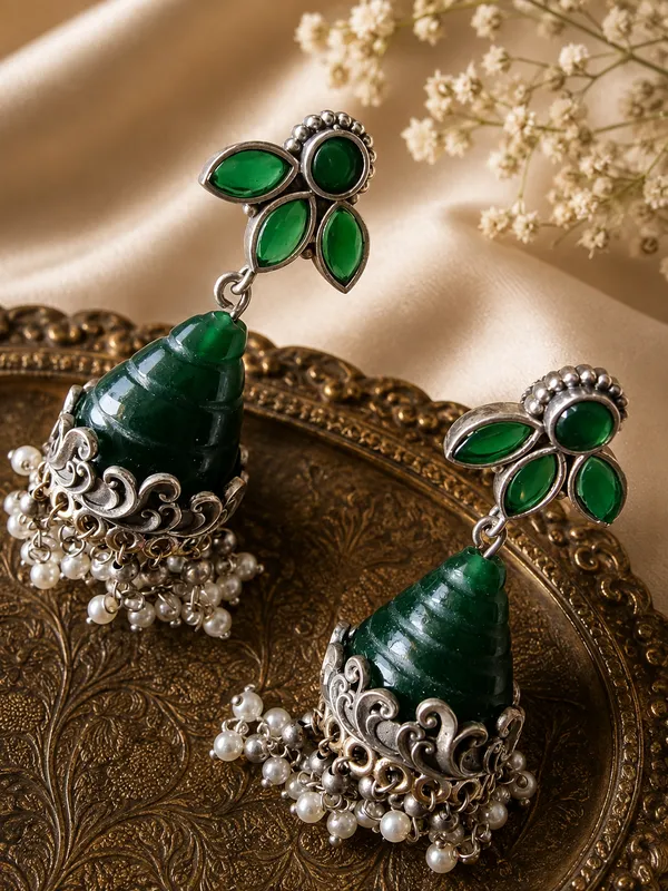 RUPALI__GREEN_ONYX_SILVER_PLATED__JHUMKA_EARRINGS_FOR_WOMEN