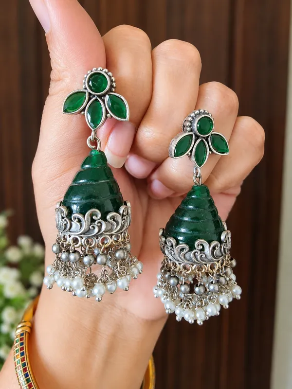 RUPALI__GREEN_ONYX_SILVER_PLATED__JHUMKA_EARRINGS_FOR_WOMEN