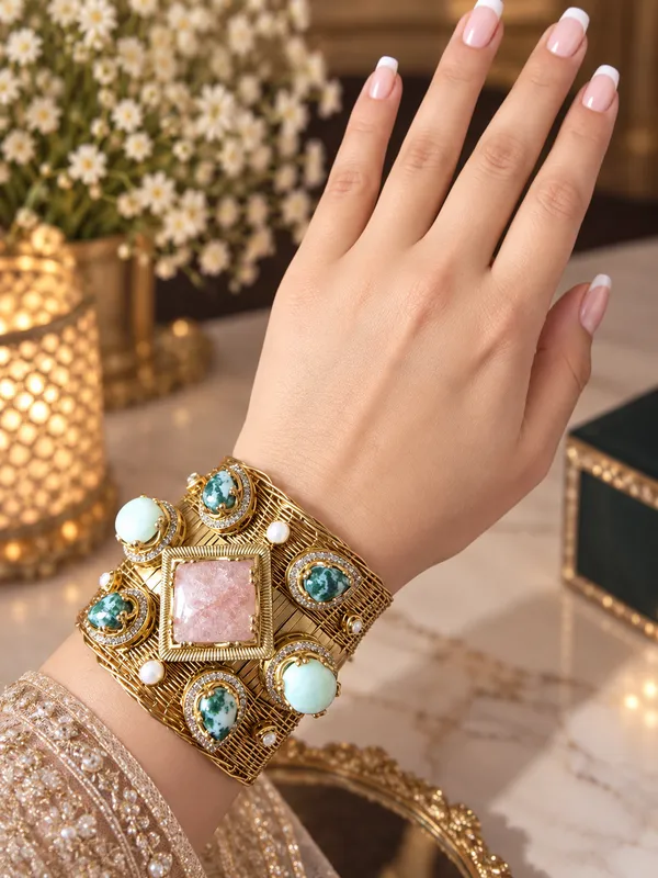 RUHAN_SEMIPRESIOUS_STONE_GOLD_PLATED_HANDMADE_HANDCUFF_FOR_WOMEN