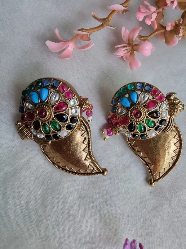 AMBIKA_MATT_GOLD_PLATED_NAVRATAN__EARRINGS_FOR_WOMEN