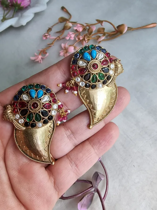 AMBIKA_MATT_GOLD_PLATED_NAVRATAN__EARRINGS_FOR_WOMEN
