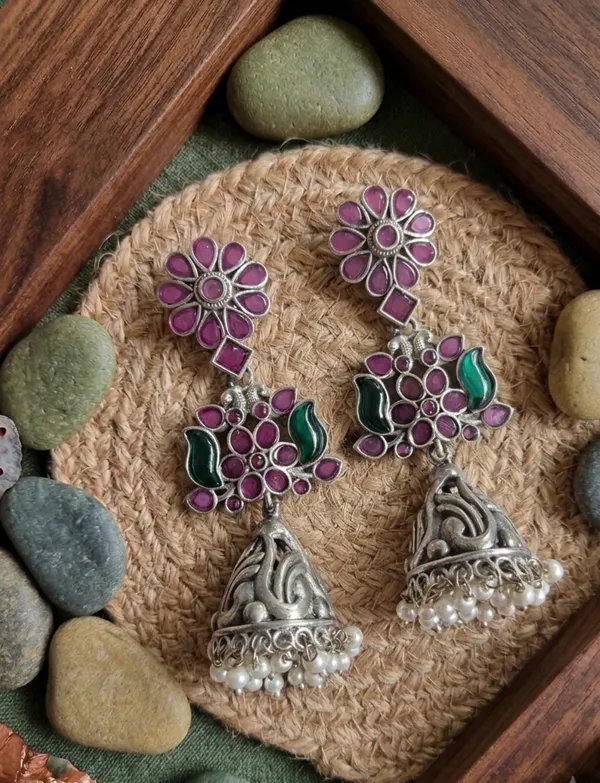 PREET_92.5_SILVER_PLATED_RUBY_GREEN_EARRINGS