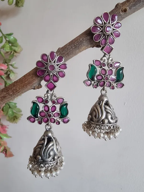 PREET_92.5_SILVER_PLATED_RUBY_GREEN_EARRINGS