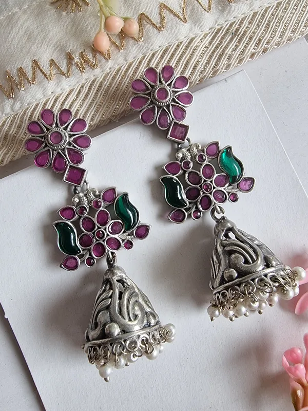 PREET_92.5_SILVER_PLATED_RUBY_GREEN_EARRINGS