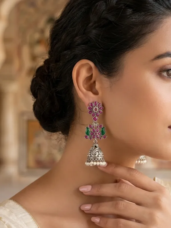 PREET_92.5_SILVER_PLATED_RUBY_GREEN_EARRINGS