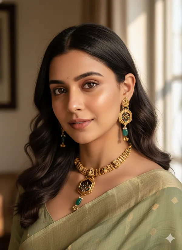 BAHAAR_TEMPLE_GOLD_PLATED_SEMIPRESIOUS_KEMP_STONE_NECKLACE_SET