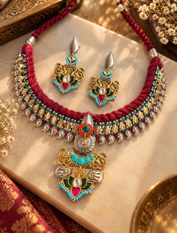 DURGA_HANDMADE_FUSION_NAVRATRI_SPECIAL_NECKLACE_WITH_EARRINGS