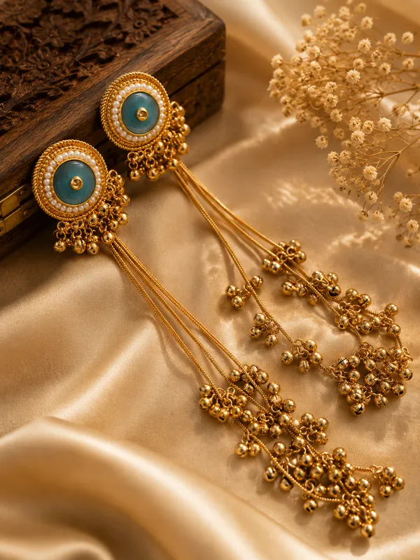 SANDHYA_LONG_SKYBLUE__GOLD_PLATED_GHOONGROO_EARRINGS_FOR_WOMEN