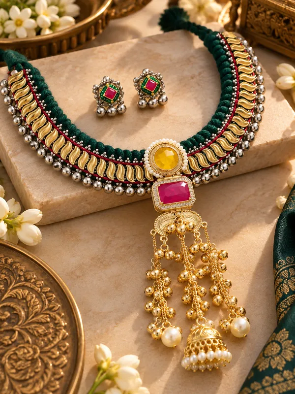 ARUNIMA_DUALTONE_FUSION_THREAD_NECKLACE_WITH_EARRINGS