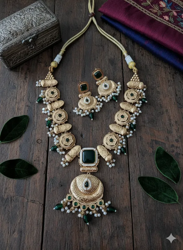 POORVI_LONG_GOLD_PLATED_GREEN_SAMIPRESIOUS_STONE__NECKLACE_SET_FOR_WOMEN
