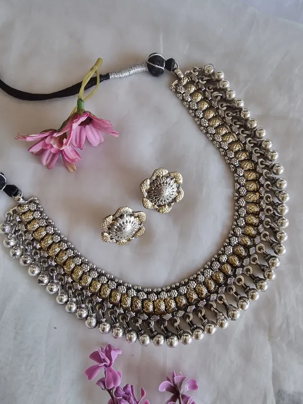 MAHIMA_HANDMADE__SOLID_BRASS__DUALTONE_NECKLACE_WITH_EARRINGS