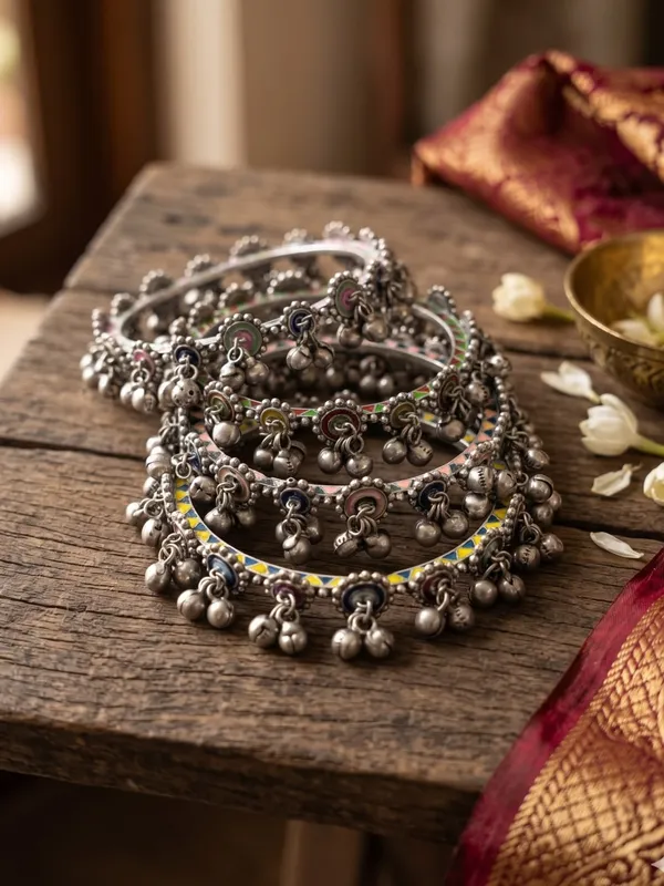 JHANAK_SILVER_REPLICA__MEENA_BRASS_GHOONGROO_BANGLES_SET_OF_4