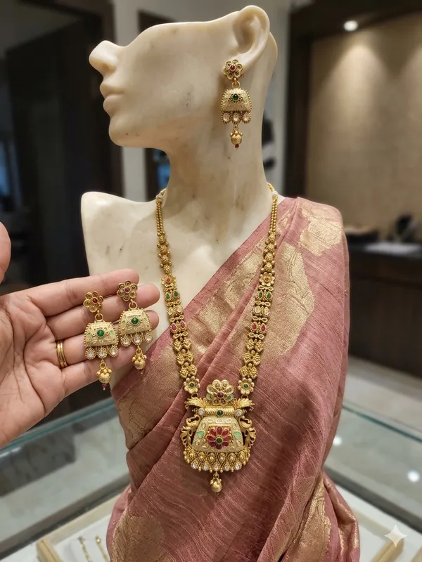 RECHAL_HERITAGE_GOLD_PLATED_LONG_NECKLACE_WITH_EARRINGS