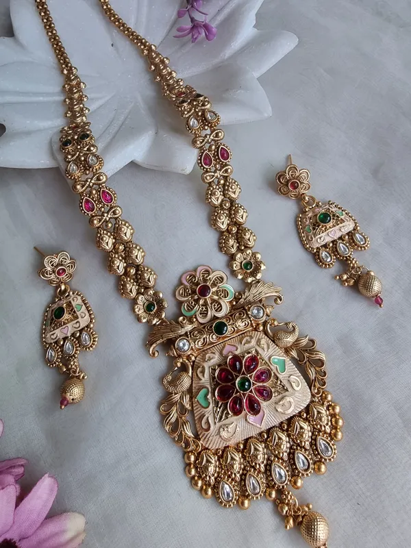 RECHAL_HERITAGE_GOLD_PLATED_LONG_NECKLACE_WITH_EARRINGS