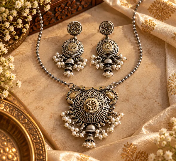 CHAND_DUALTONE_BRASS_PENDENT_SET_WITH_EARRINGS