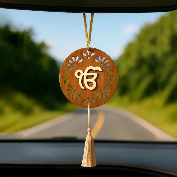 Beige_&_Rosewood_3.5x3.5_Inches_Thick_3D_Ik_Onkar_Punjabi_Car_Rear_View_Mirror_Hanging_|_Dual_Sided_Car_Decor_Accessory_|_Spiritual_Gift_Item_|_Wooden_Sikh_Car_Hanging_Ornament